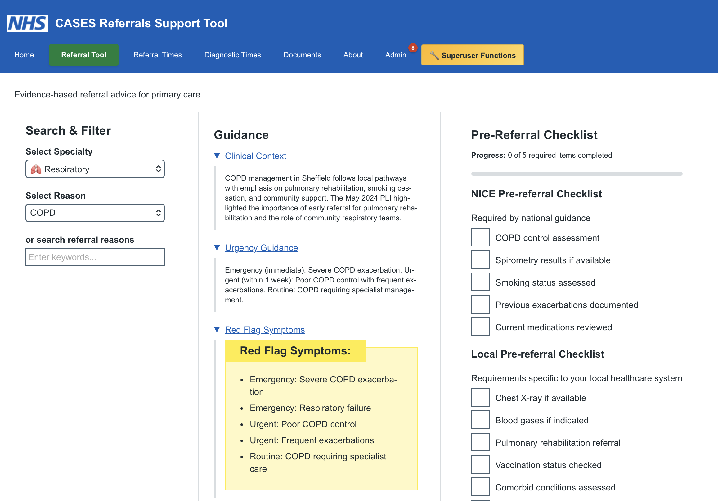 CASES Referrals Support Tool showing the referral guidance panel with pre-referral checklist