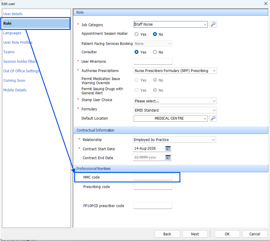 EMIS Edit user for a nurse prescriber, on the Role tab. Under Professional Numbers, NMC code is outlined.