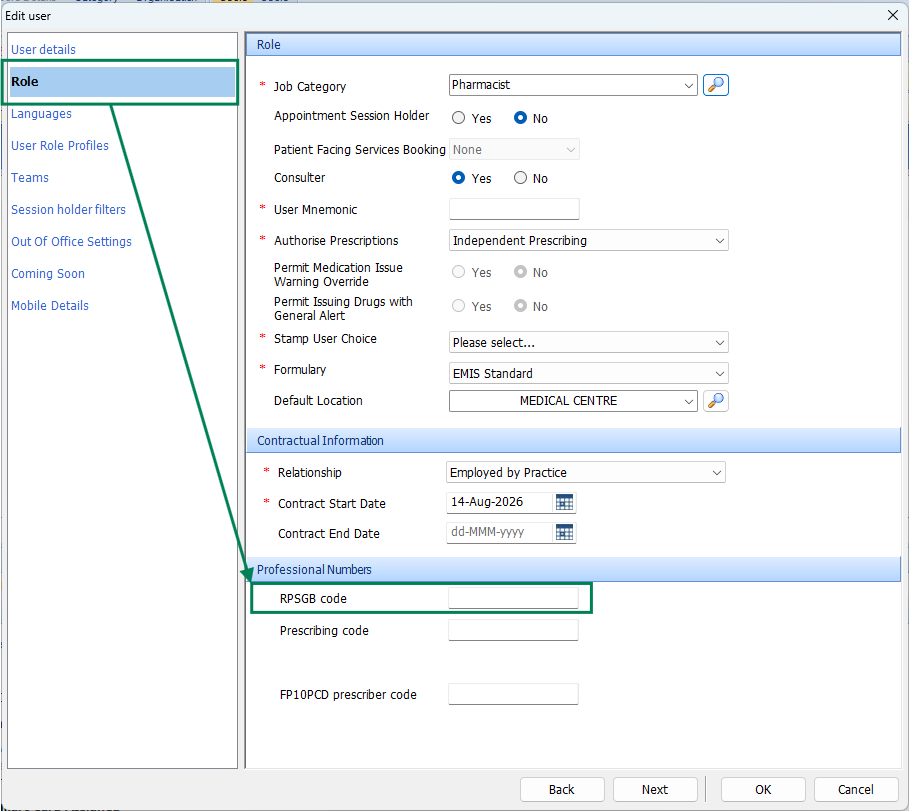 EMIS Edit user for a pharmacist, on the Role tab. Under Professional Numbers, RPSGB code is outlined.